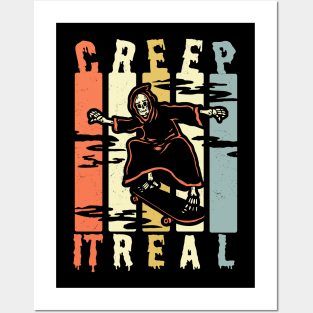 Creep It Real Spooky Halloween Grim Reaper Skateboarding Skater Posters and Art